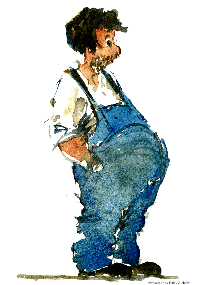 Watercolor illustration of a man with his hands in his pockets. Watercolour painting by Frits Ahlefeldt