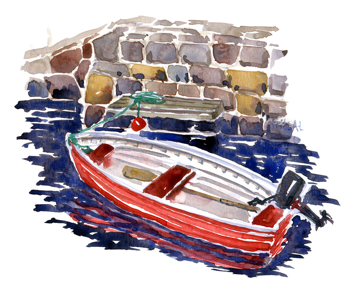 Watercolor painting of a red boat with outboard engine. Christiansø. Ertholmene painting by frits Ahlefeldt