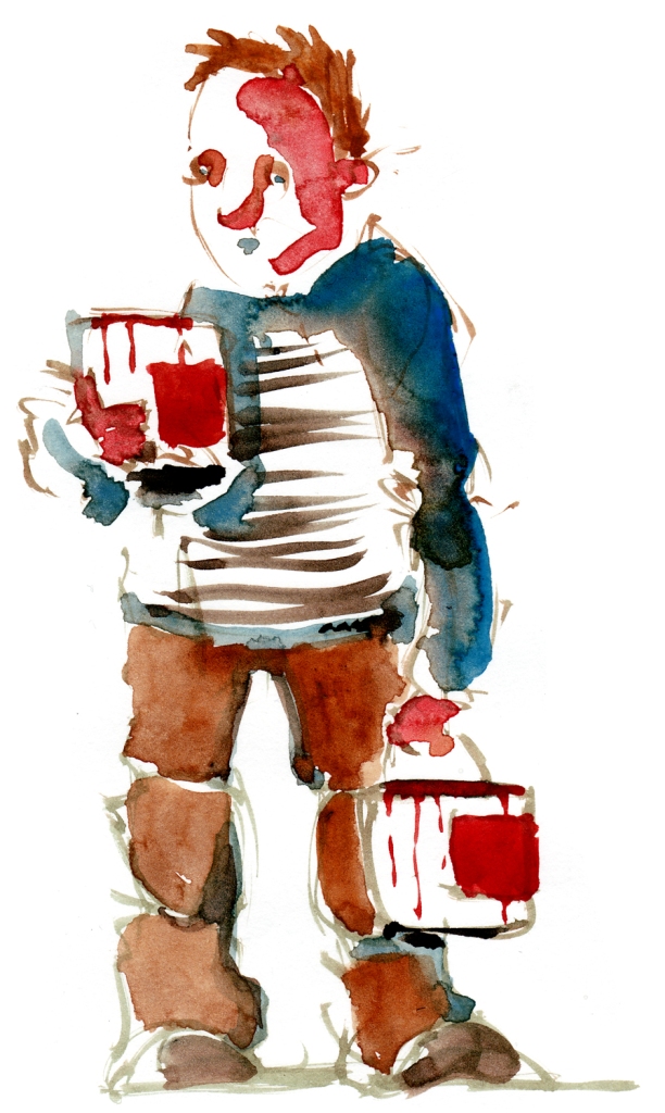 Man with cans of red paint watercolor by frits ahlefeldt