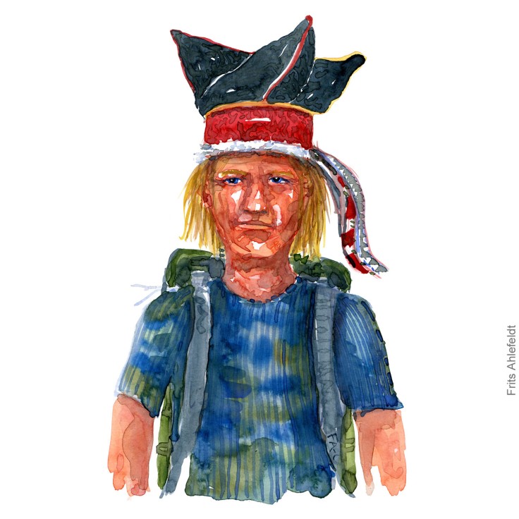 Hiker with traditional hat watercolor painting by Frits Ahlefeldt - Nature hiker
