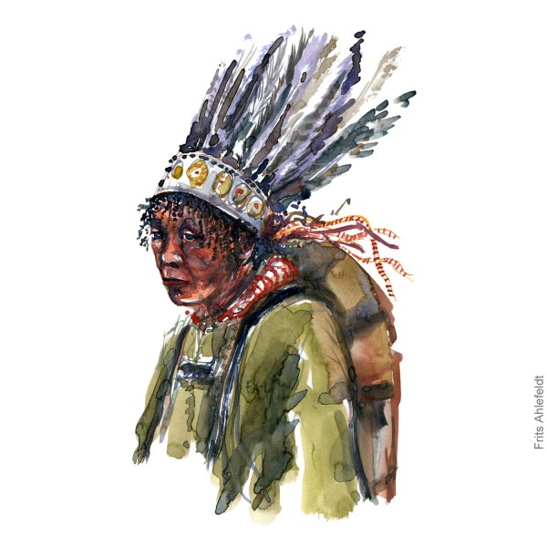 Watercolor of hiker with feather headwear character sketch. Nature hiker portrait watercolour painting by Frits Ahlefeldt
