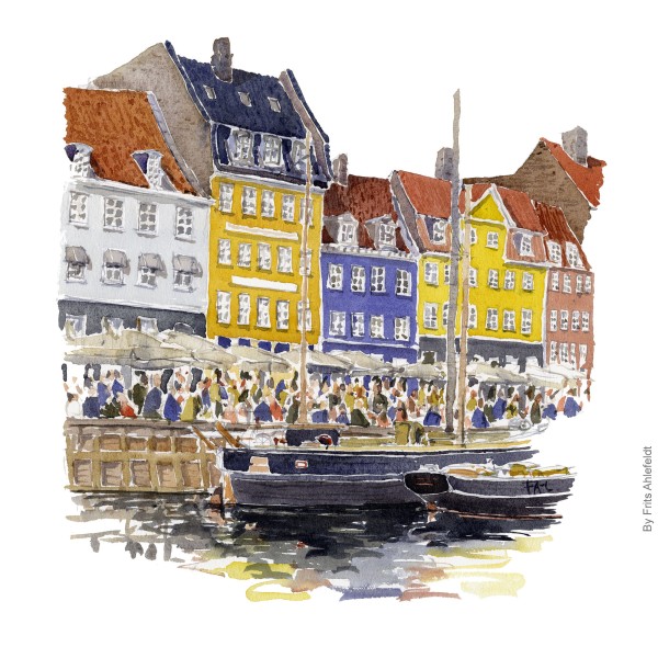 Watercolor Nyhavn watercolor Copenhagen, Denmark. Akvarel af Frits Ahlefeldt - København